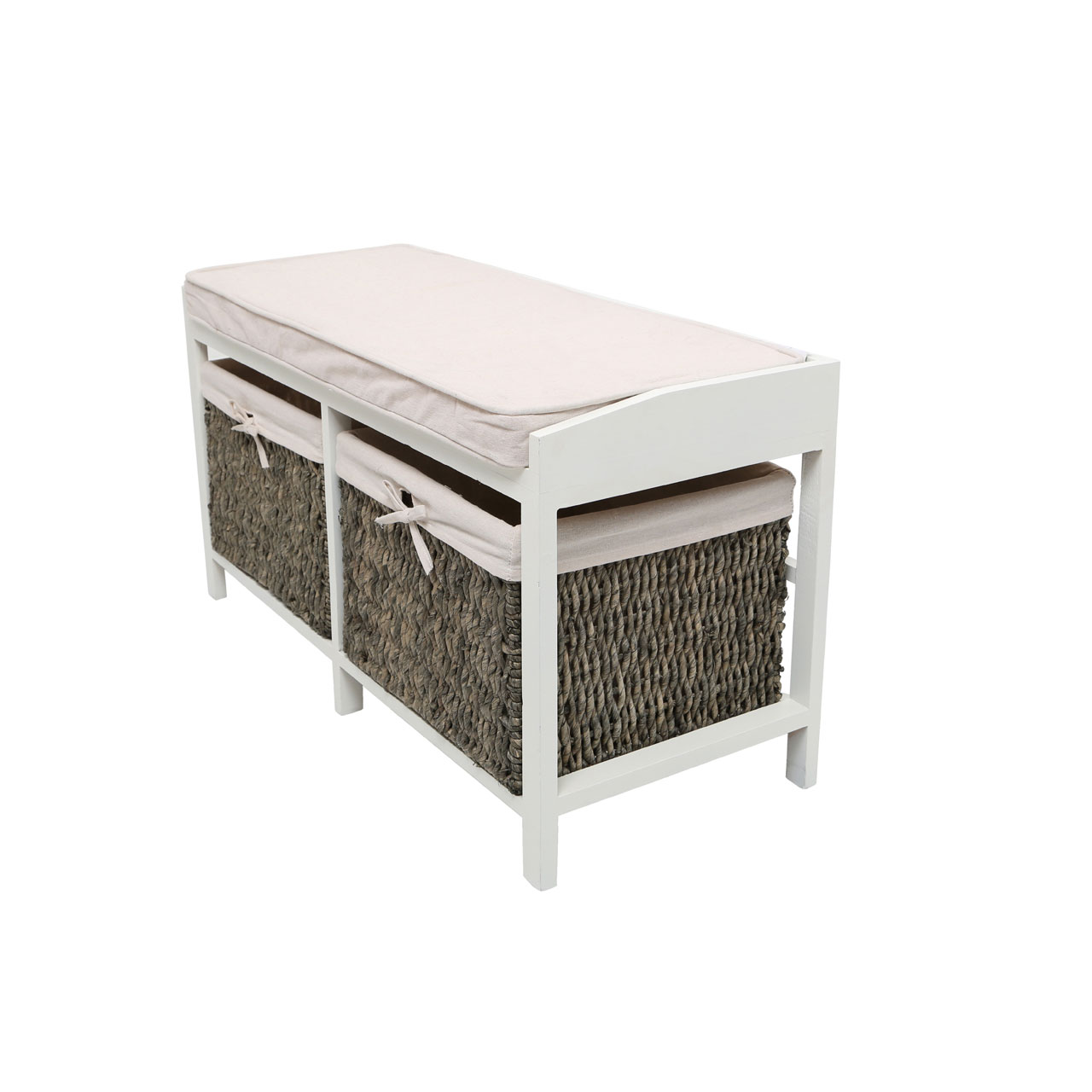 Rustic Padded Cream Wooden Storage Bench with 2 Cotton lined Maize